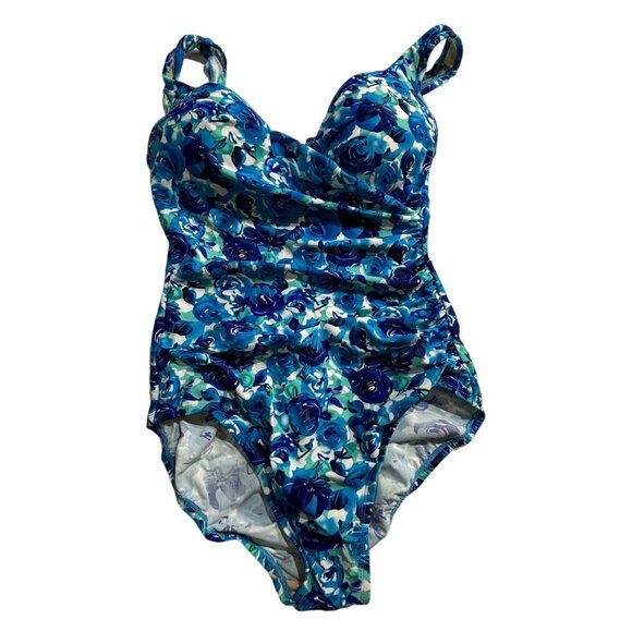 Caribbean Sand Floral One-Piece Swimsuit Size 12 Blue & White Control Power - Picture 1 of 10